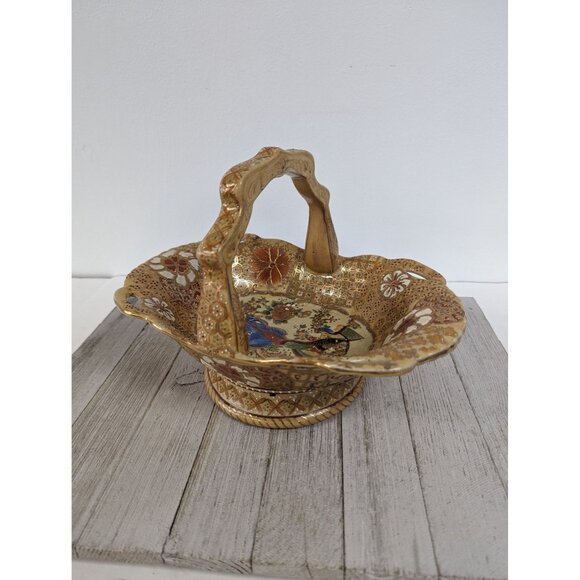 Vintage Oriental Basket Hand Painted Gold Heavy 8" Tall